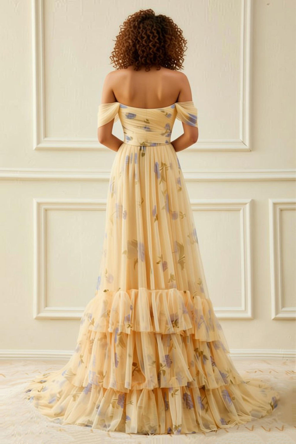 Yellow Flower Long Tiered Prom Dress with Ruffles