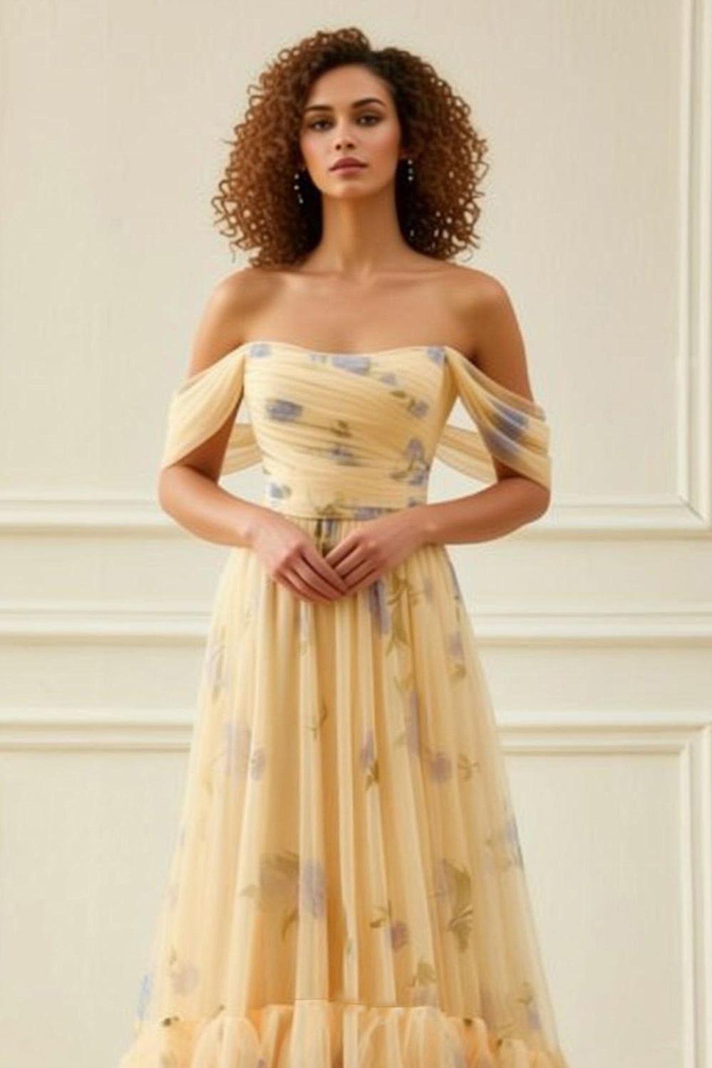 Yellow Flower Long Tiered Prom Dress with Ruffles
