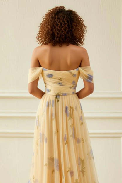 Yellow Flower Long Tiered Prom Dress with Ruffles