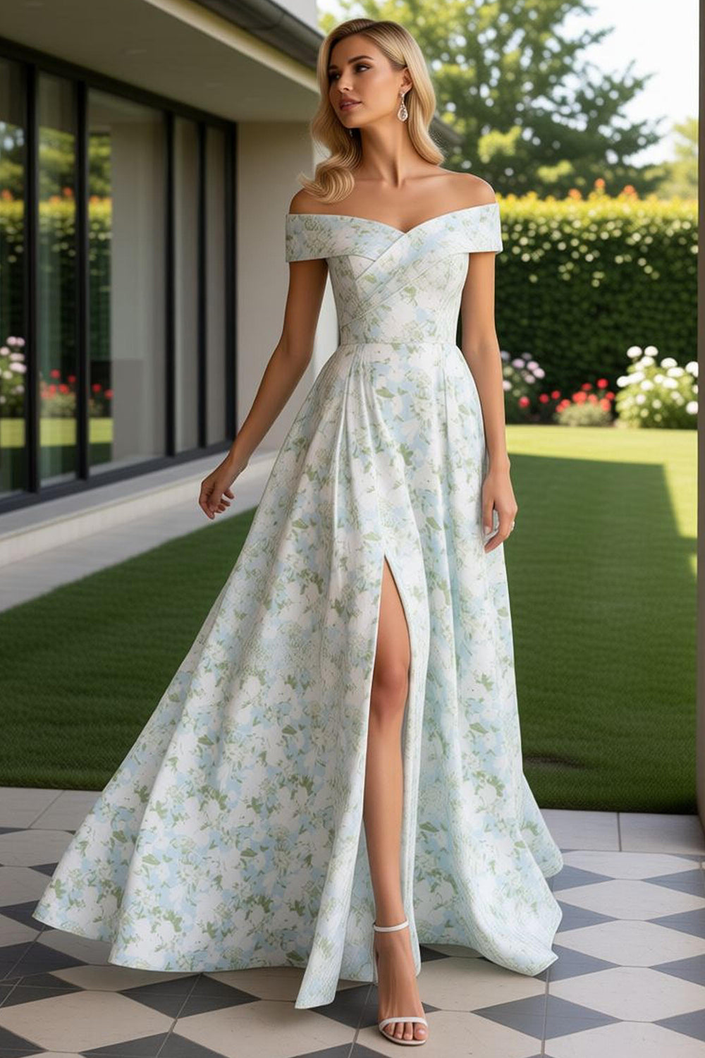 Blue and White Long Flower Prom Dress with Slit