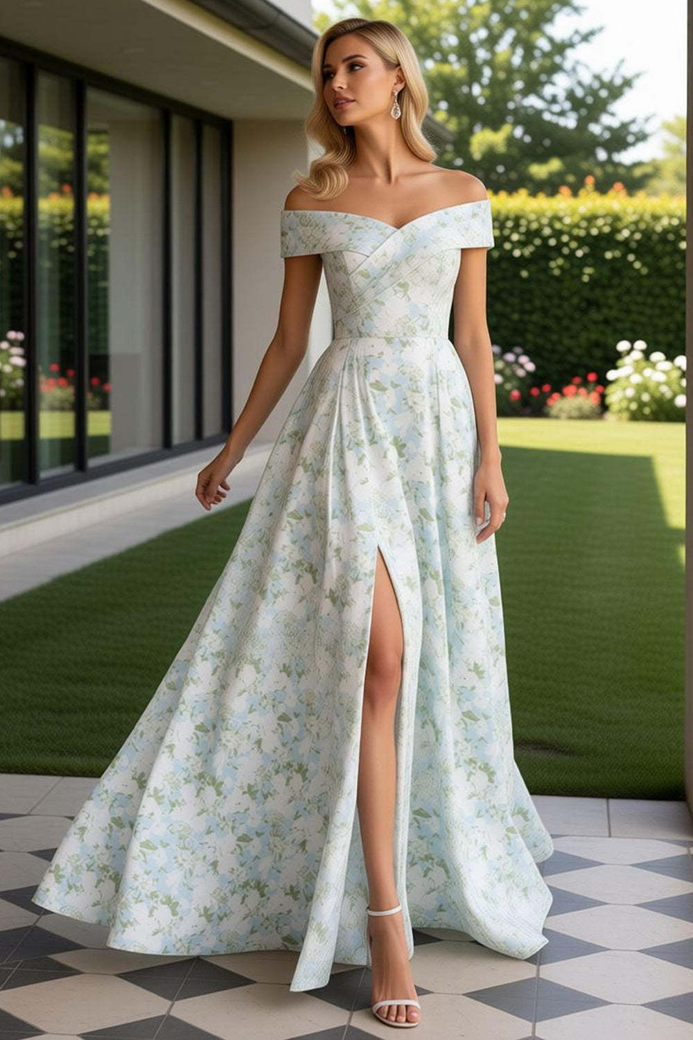 Leely Women Blue and White Flower Long Prom Dress with Slit Off the Shoulder A-Line Formal Dress