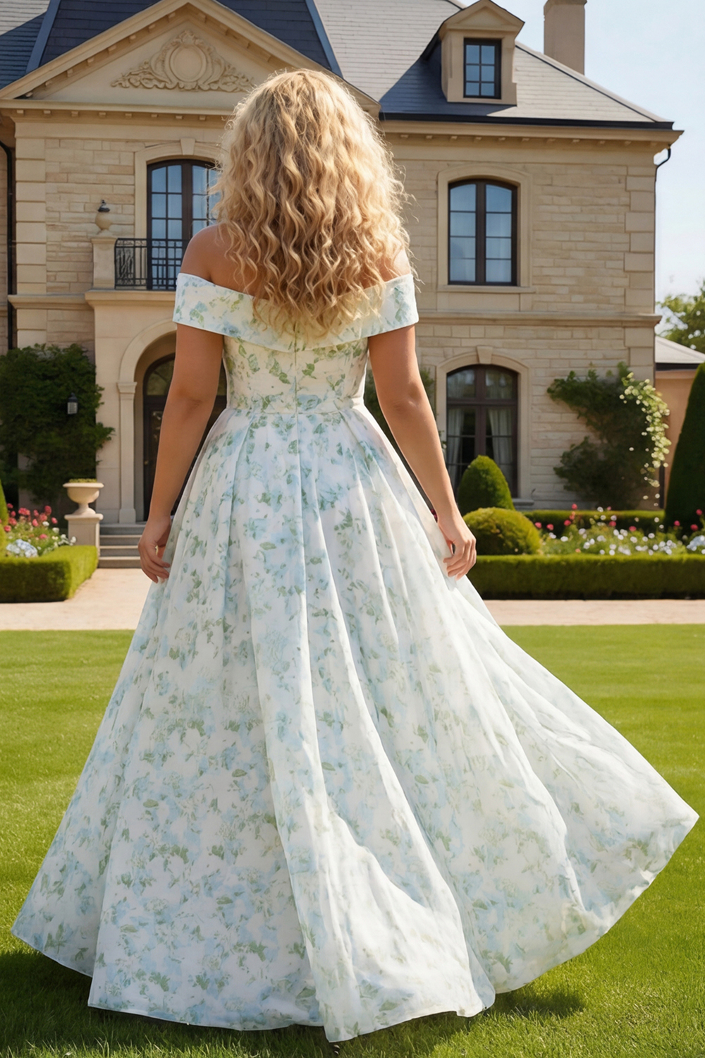 Blue and White Long Flower Prom Dress with Slit