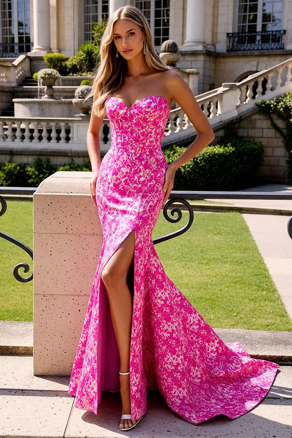 Fuchsia Flower Mermaid Maxi Prom Dress with Slit