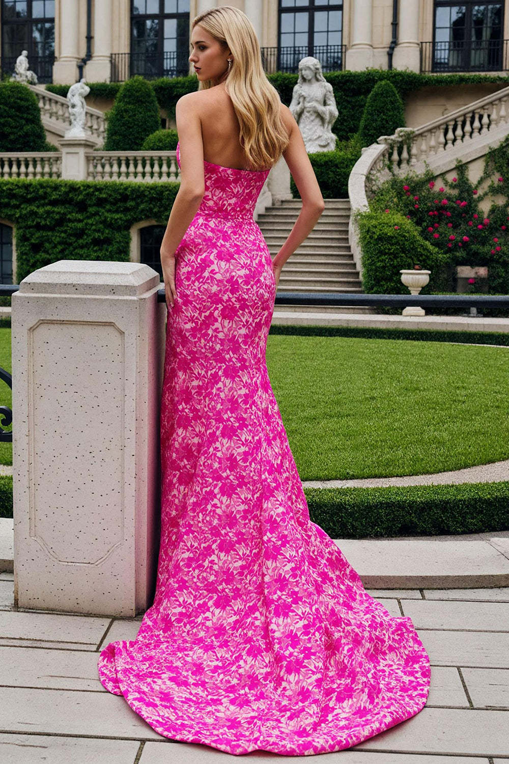 Fuchsia Flower Mermaid Maxi Prom Dress with Slit