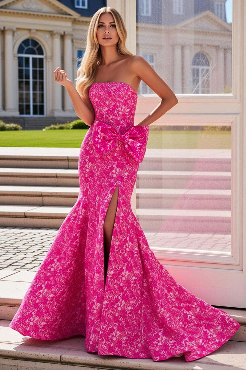 Leely Women Fuchsia Flower Maxi Prom Dress with Slit Mermaid Strapless Pageant Dress with Bow