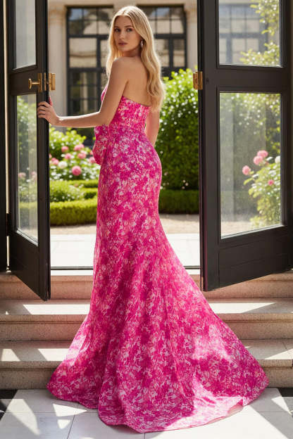 Fuchsia Flower Maxi Mermaid Prom Dress with Bow