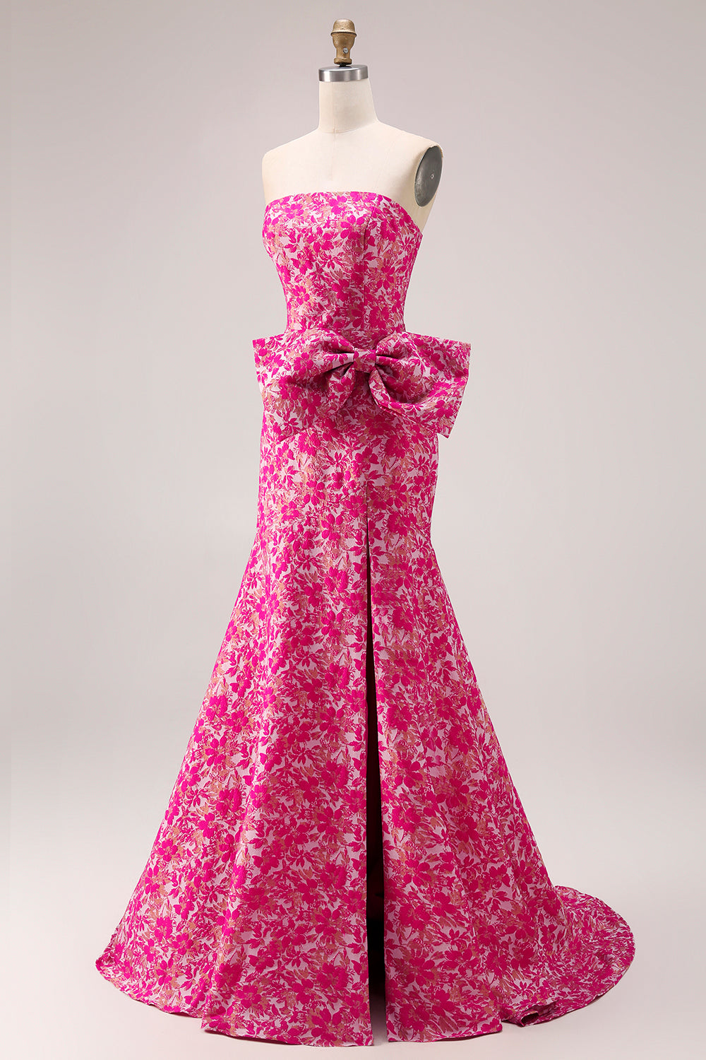 Fuchsia Flower Strapless Mermaid Long Prom Dress with Bow