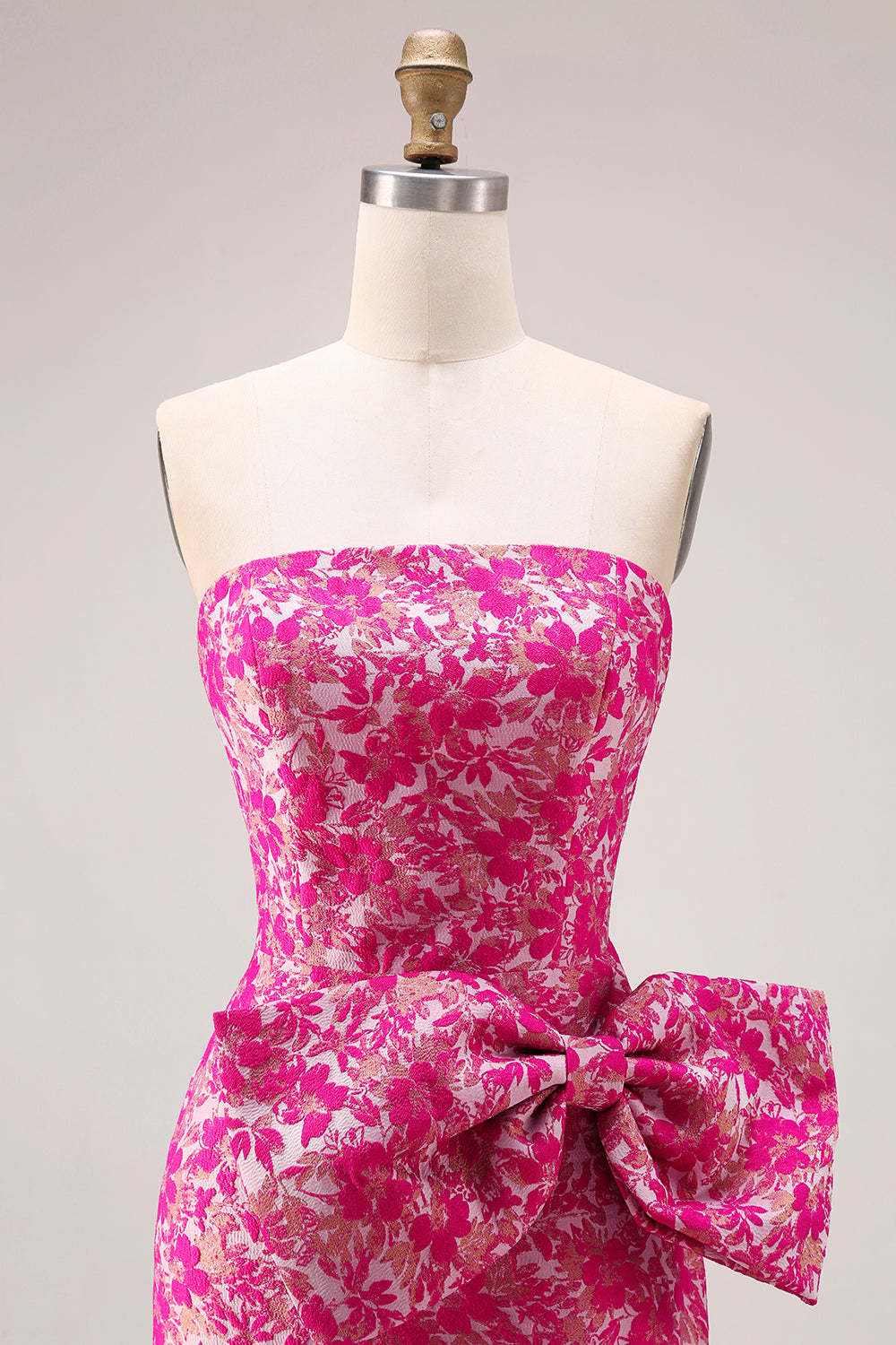 Fuchsia Flower Strapless Mermaid Long Prom Dress with Bow
