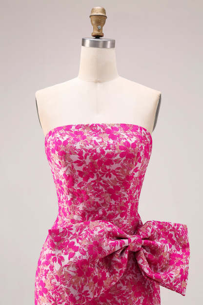 Fuchsia Flower Strapless Mermaid Long Prom Dress with Bow
