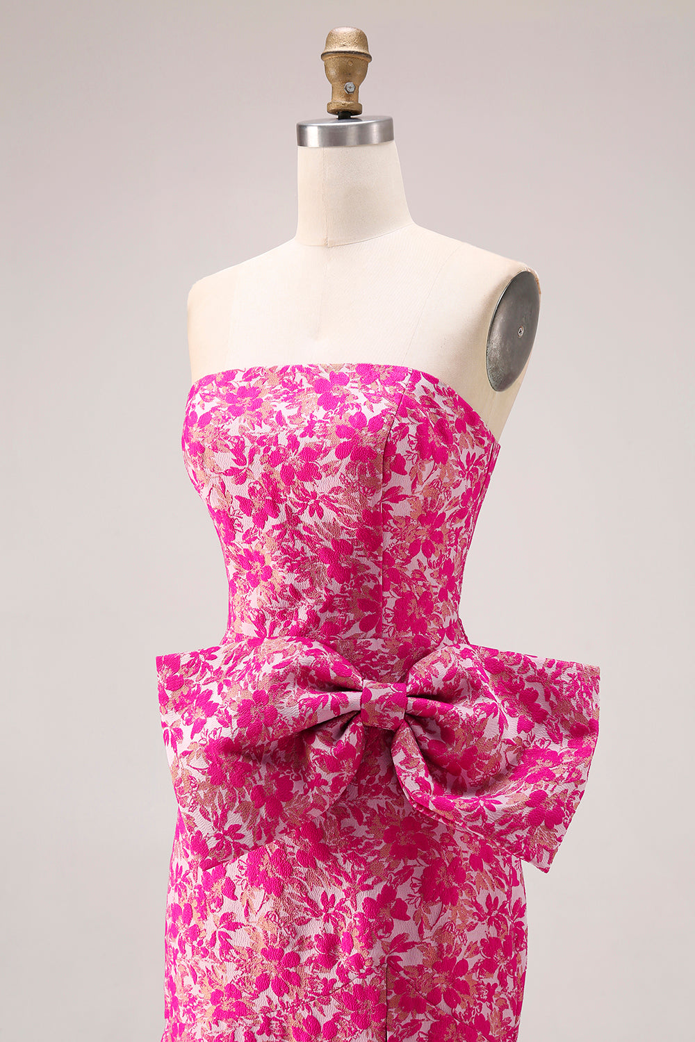 Fuchsia Flower Strapless Mermaid Long Prom Dress with Bow