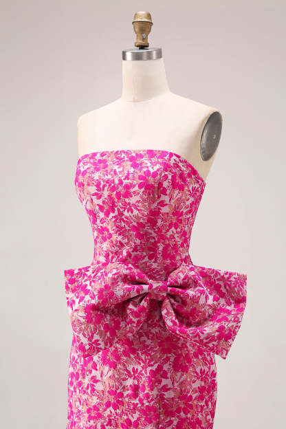Fuchsia Flower Strapless Mermaid Long Prom Dress with Bow