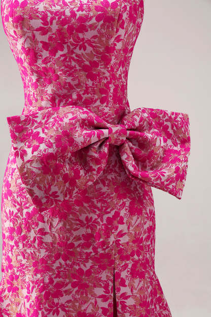 Fuchsia Flower Strapless Mermaid Long Prom Dress with Bow