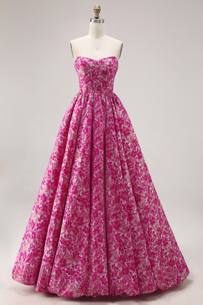 Fuchsia Corset Flower Long Prom Dress