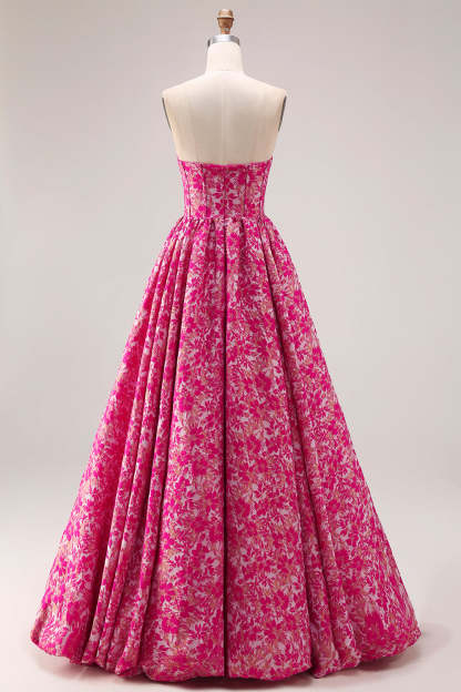 Floral Fuchsia A-Line Strapless Long Corset Prom Dress