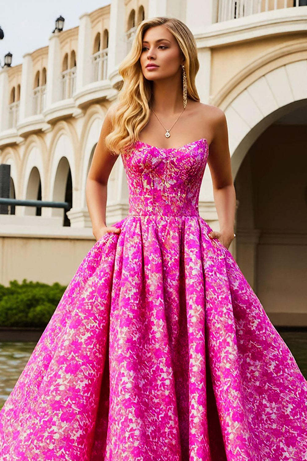 Fuchsia Corset Flower Long Prom Dress