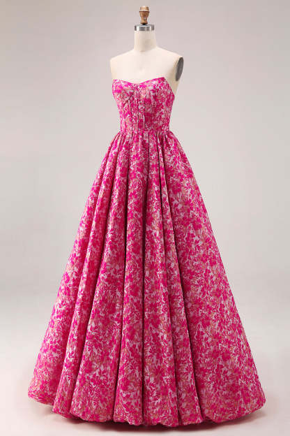 Floral Fuchsia A-Line Strapless Long Corset Prom Dress