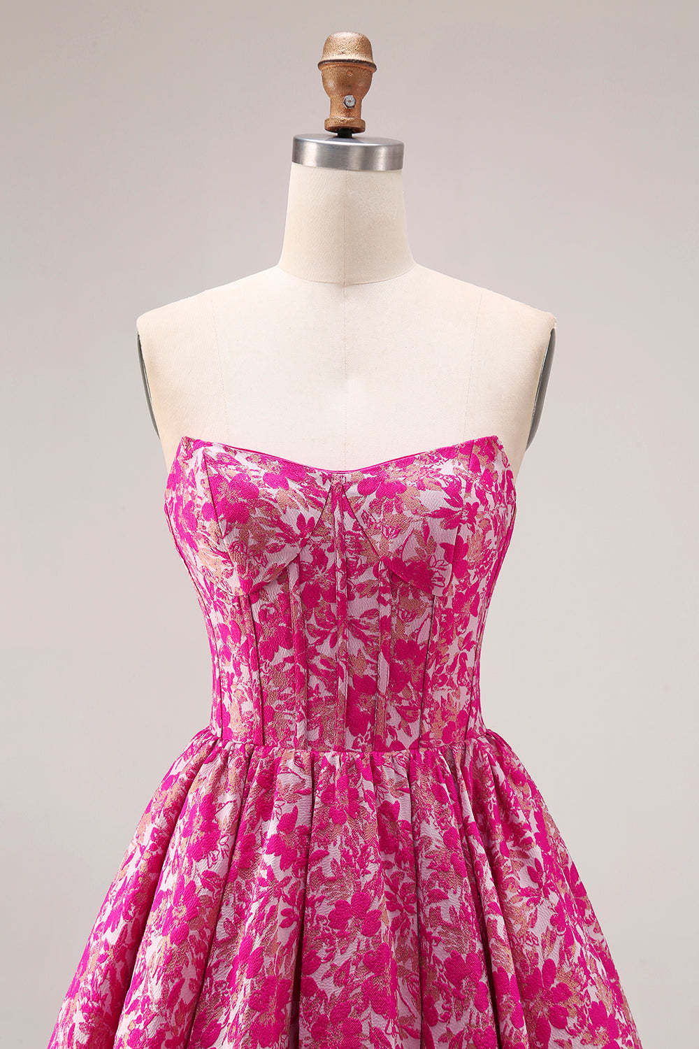 Floral Fuchsia A-Line Strapless Long Corset Prom Dress
