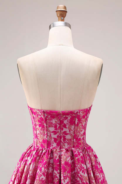 Floral Fuchsia A-Line Strapless Long Corset Prom Dress