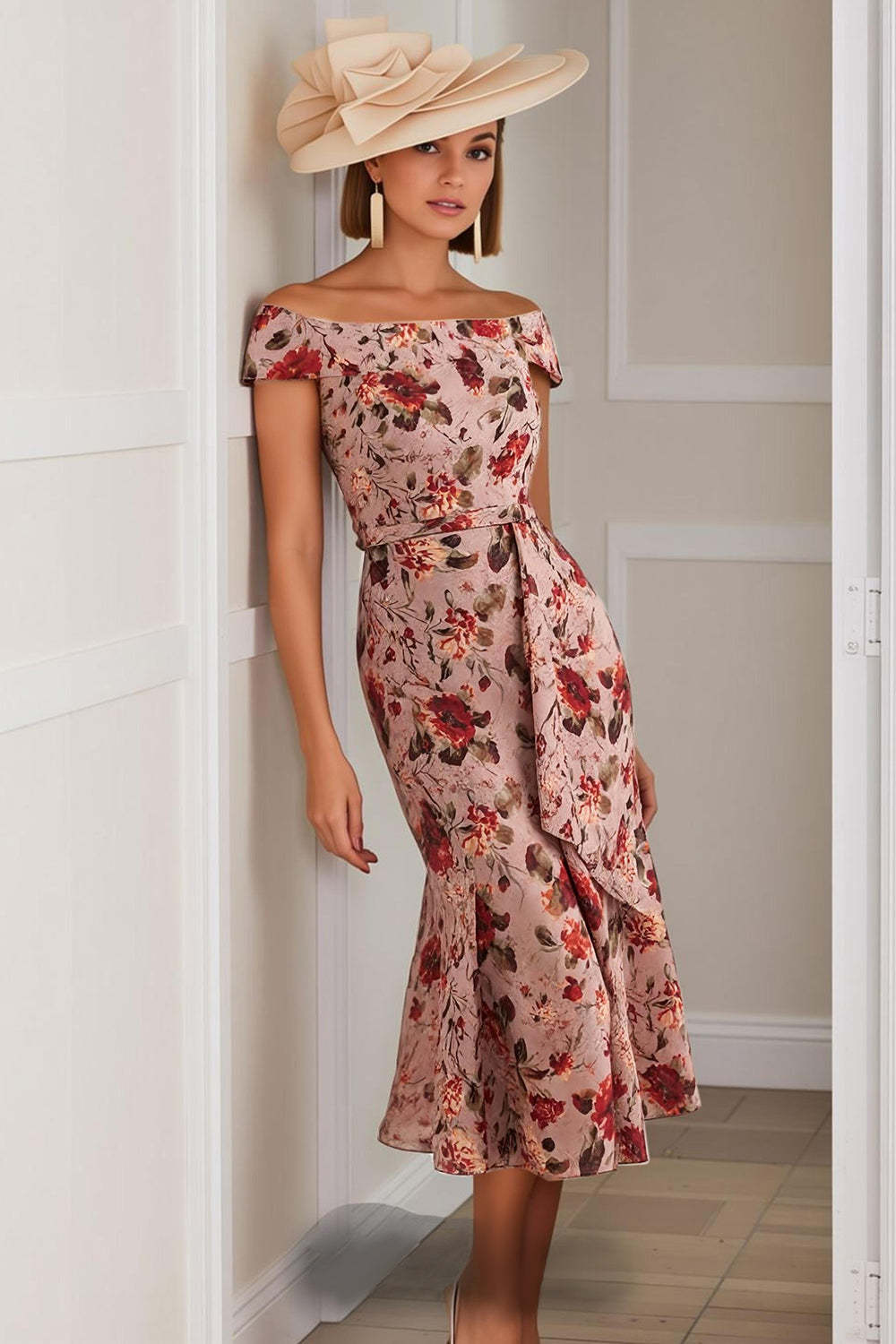 Leely Women Dusty Rose Floral Midi Mother of the Bride Dress Mermaid Off the Shoulder Ruched Wedding Guest Dress