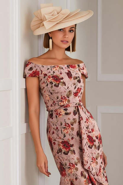Dusty Rose Mermaid Off the Shoulder Midi Floral Mother of the Bride Dress