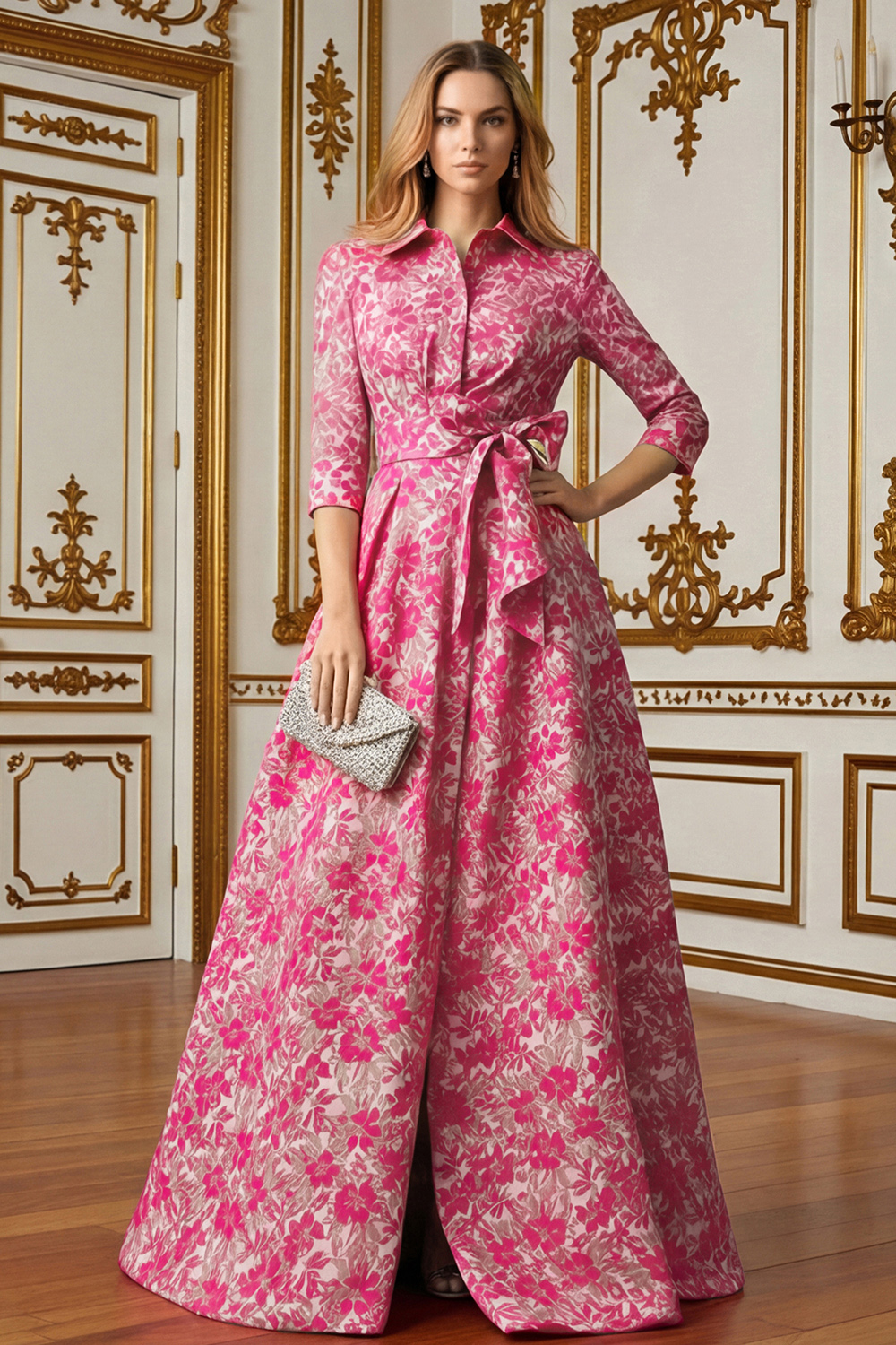 Fuchsia Lapel Neck Long Floral Mother of the Bride Dress with Bow