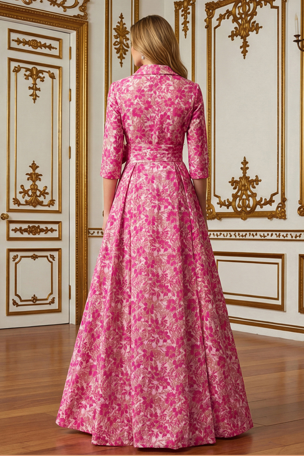 Fuchsia Lapel Neck Long Floral Mother of the Bride Dress with Bow