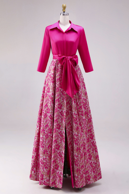 Fuchsia Long Floral Lapel Neck A Line Mother of the Bride Dress with Slit
