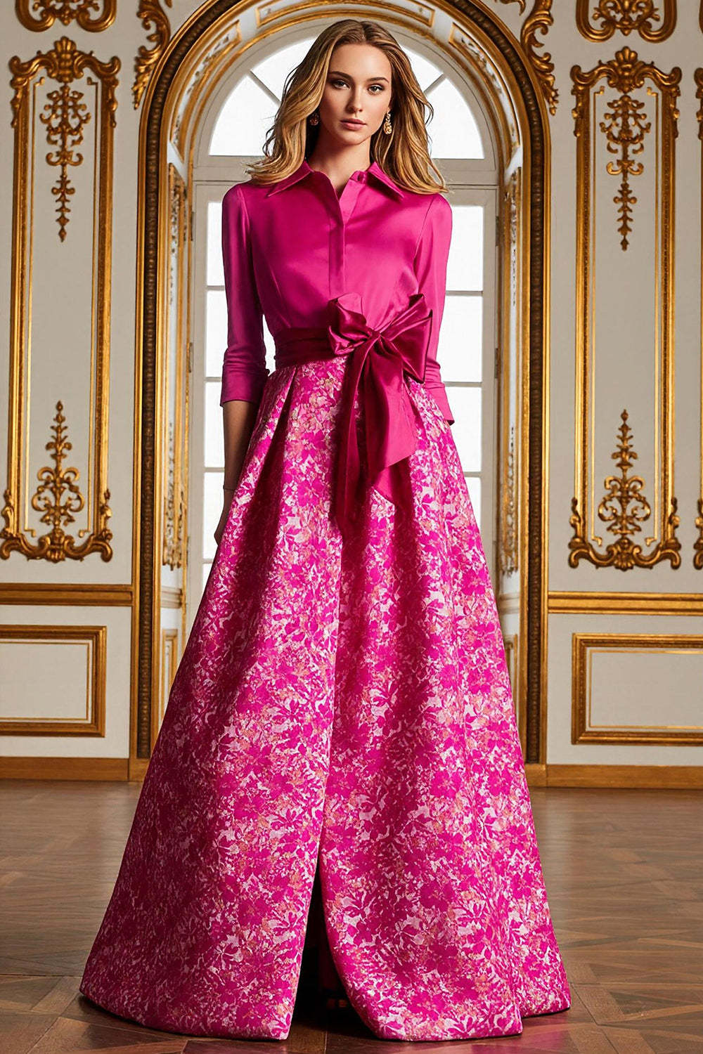 Leely Women Fuchsia Floral Long Mother of the Bride Dress with Slit Lapel Neck A Line Wedding Guest Dress with Bow