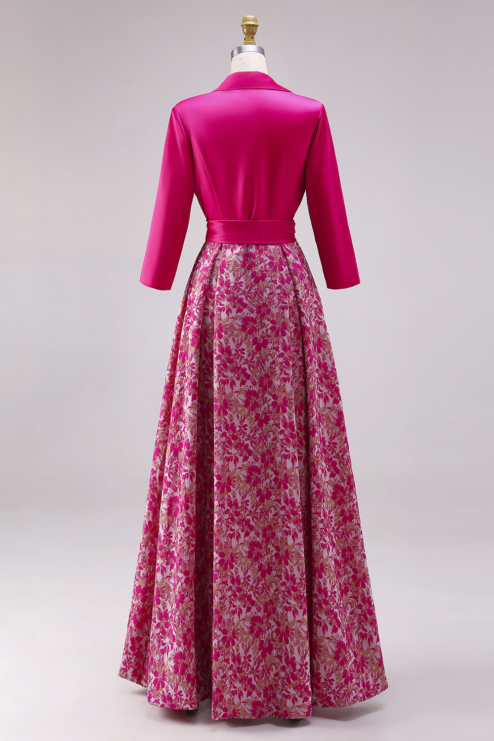 Fuchsia Long Floral Lapel Neck A Line Mother of the Bride Dress with Slit