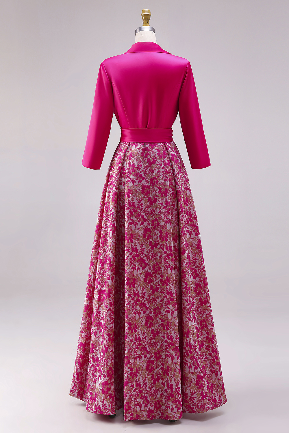 Fuchsia Long Floral Lapel Neck A Line Mother of the Bride Dress with Slit