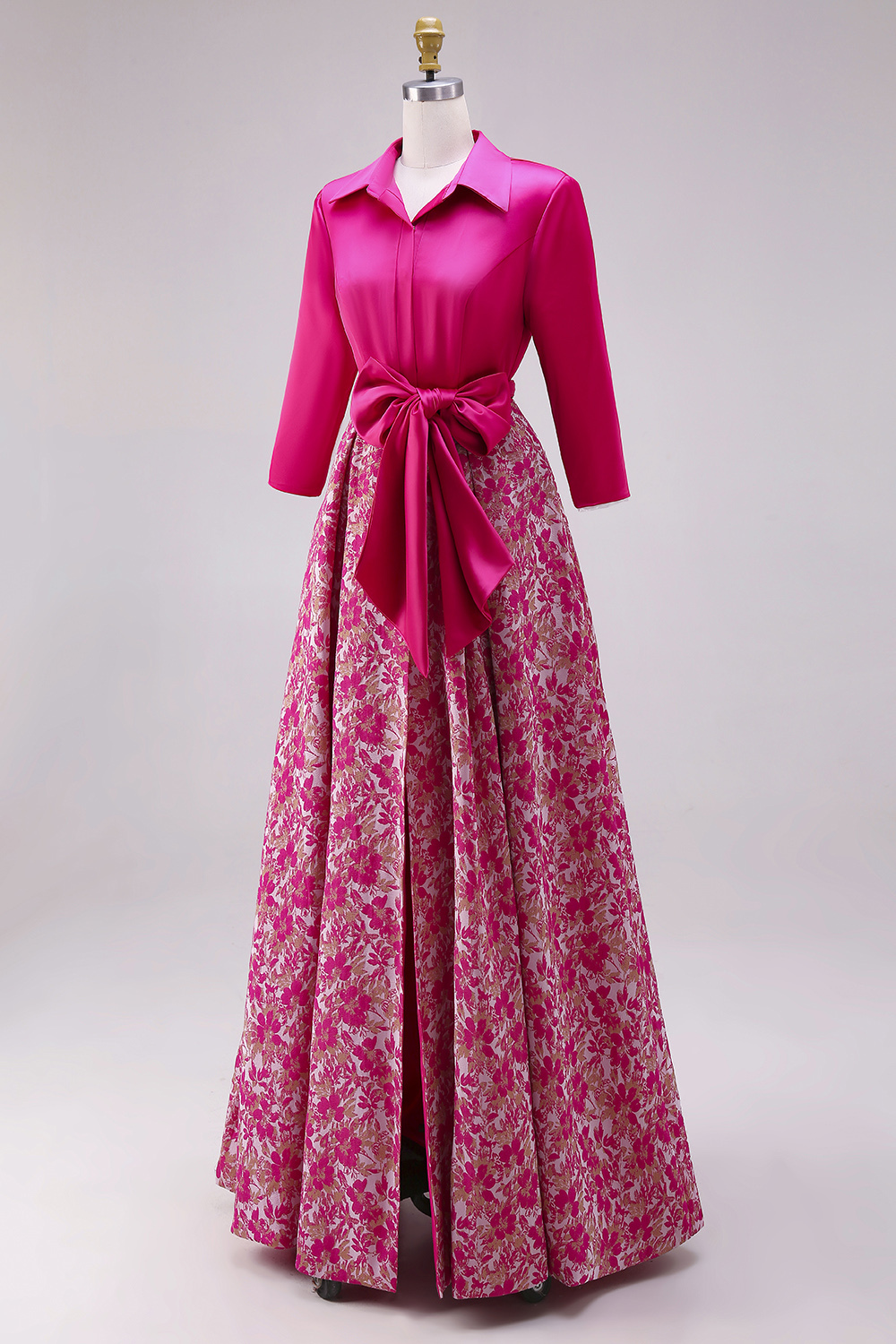 Fuchsia Long Floral Lapel Neck A Line Mother of the Bride Dress with Slit