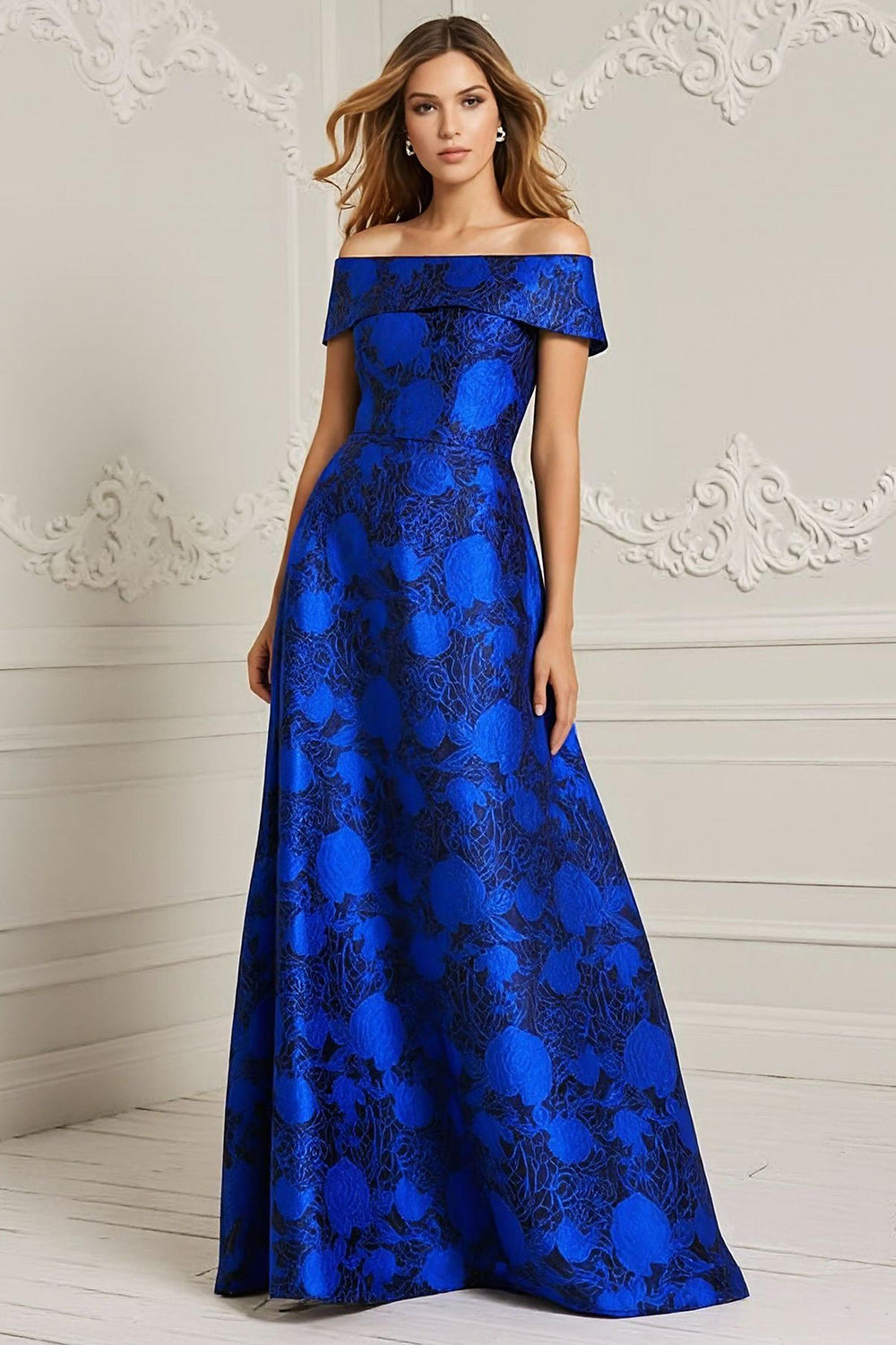 Leely Women Royal Blue Floral Maxi Mother of the Bride Dress A Line Off the Shoulder Wedding Guest Dress