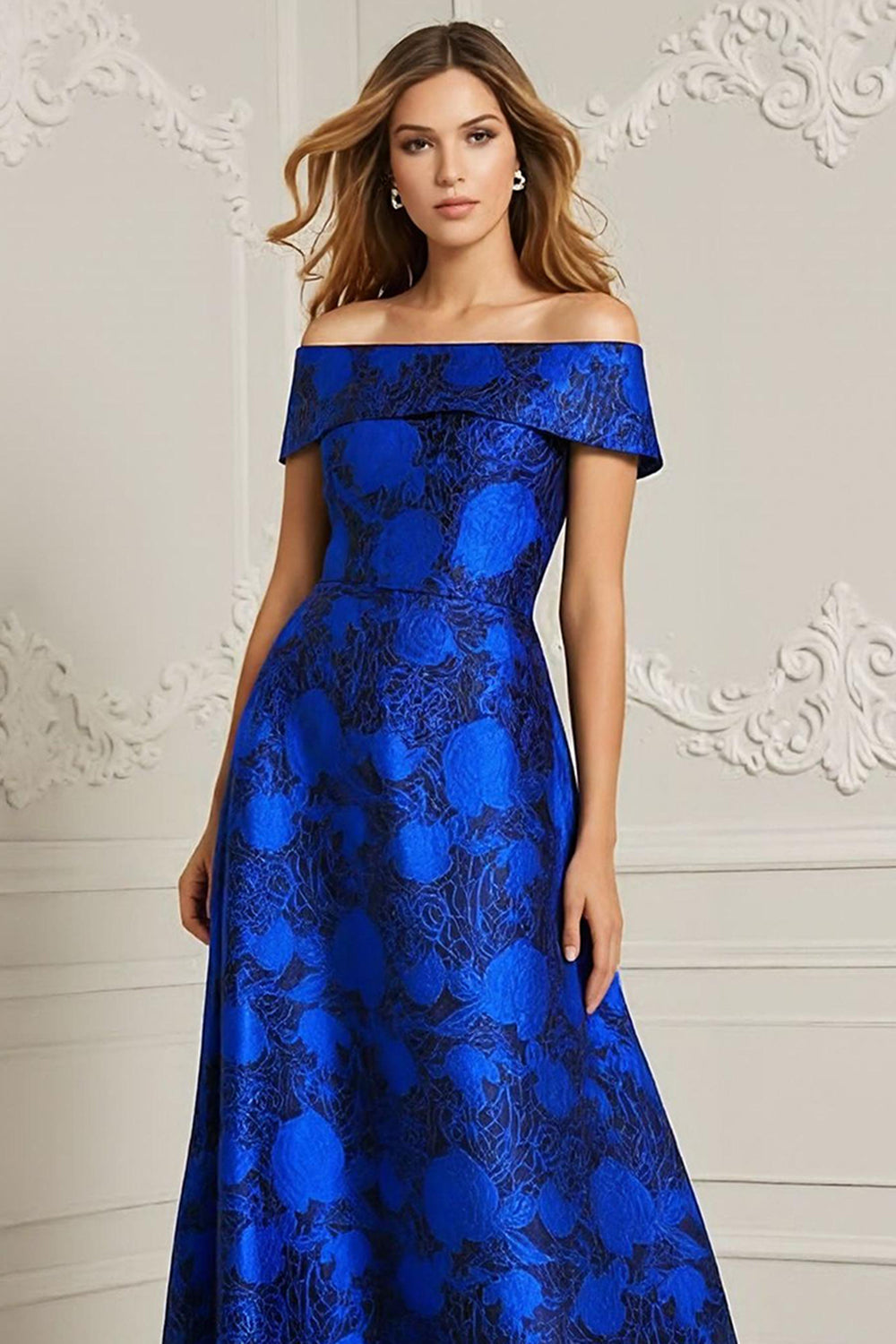 Royal Blue Floral Off the Shoulder Maxi Mother of the Bride Dress