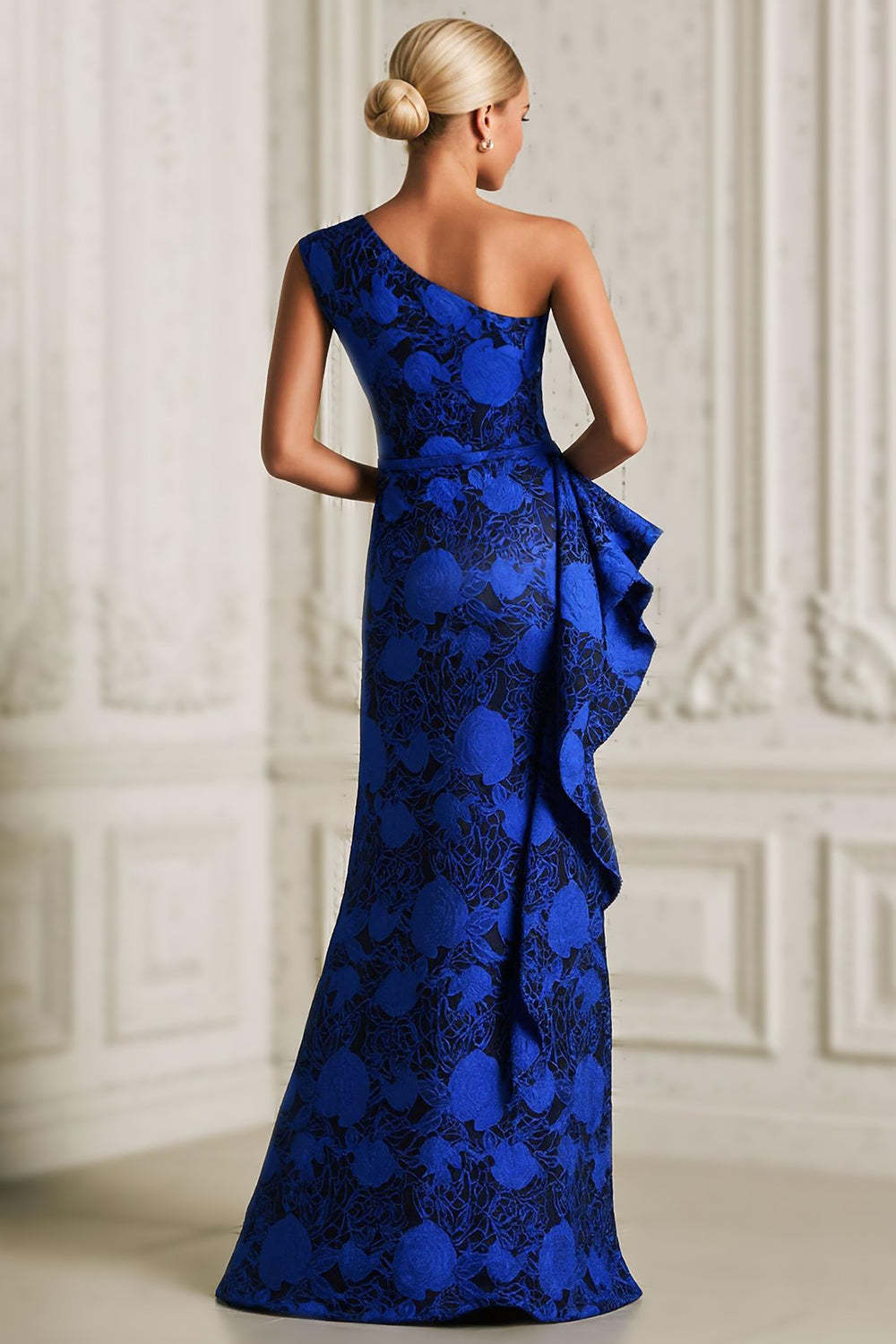 Royal Blue Floral Ruffled Mermaid Maxi Mother of the Bride Dress with Slit
