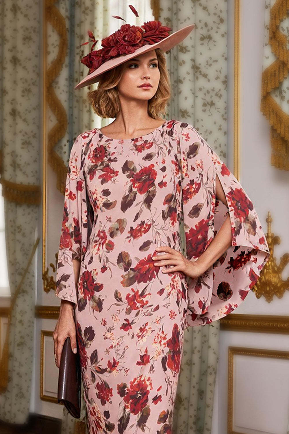 Dusty Rose Floral Bodycon Flare Sleeves Midi Mother of the Bride Dress