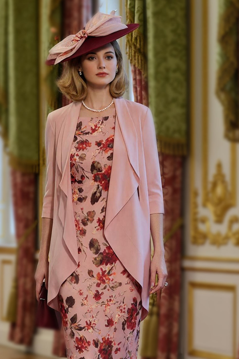 Dusty Rose Bodycon Floral 2 Piece Midi Mother of the Bride Dress with Jacket