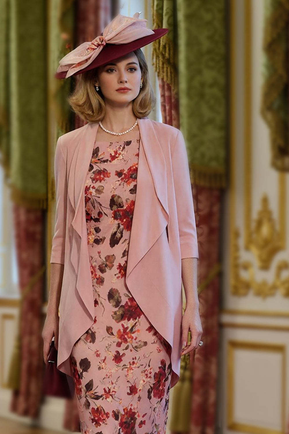 Dusty Rose Bodycon Floral 2 Piece Midi Mother of the Bride Dress with Jacket