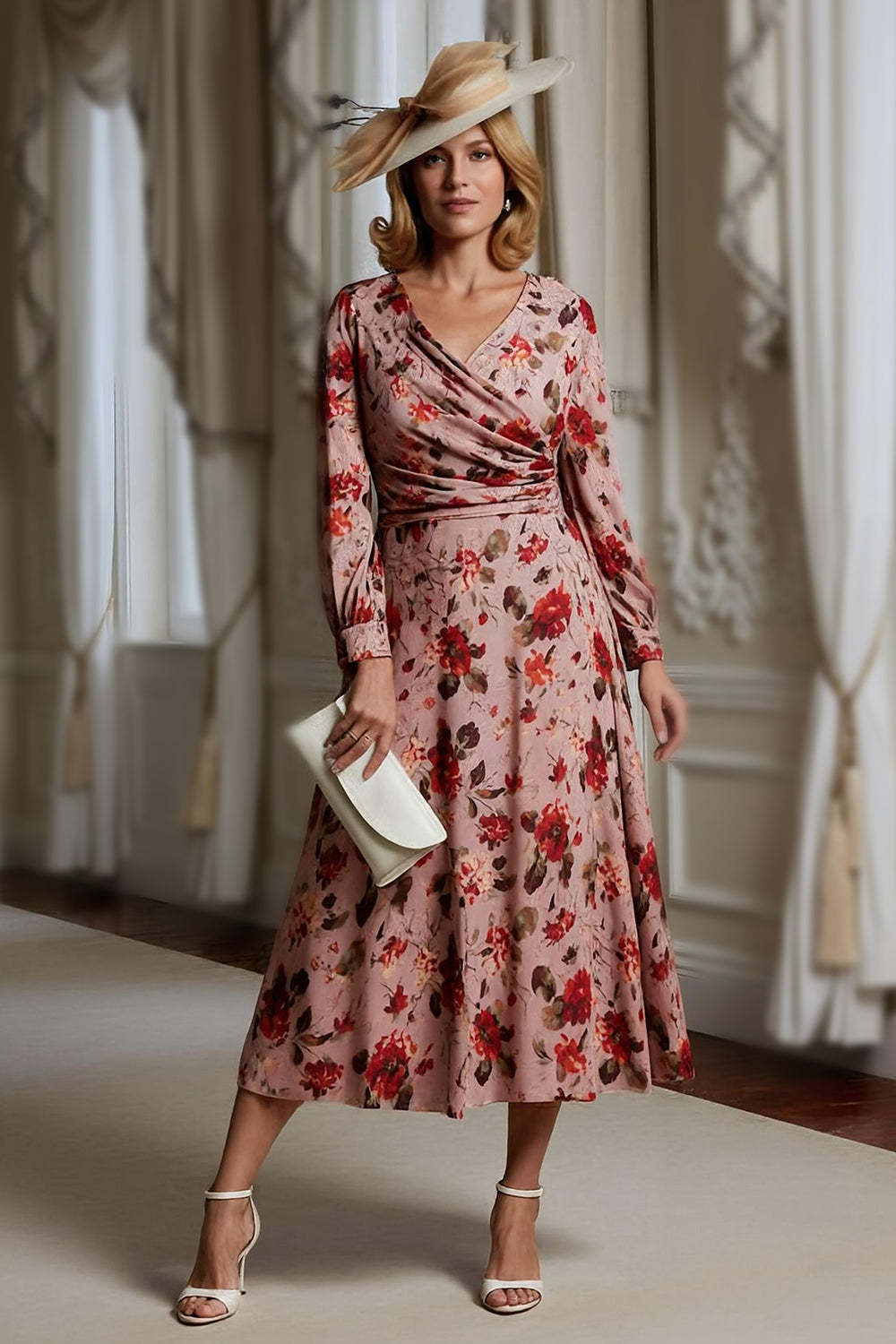 Leely Women Dusty Rose Long Mother of the Bride Dress with Sleeves Floral V Neck Ruched A Line Wedding Guest Dress