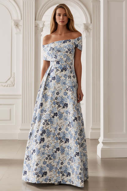 Leely Women Floral Blue Maxi Mother of the Bride Dress A-Line Off the Shoulder Wedding Guest Dress