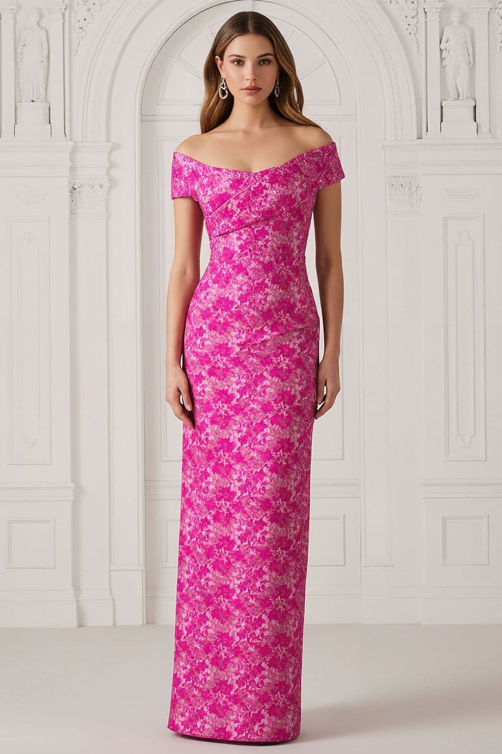 Floral Fuchsia Jacquard Off the Shoulder Sheath Long Mother of the Bride Dress