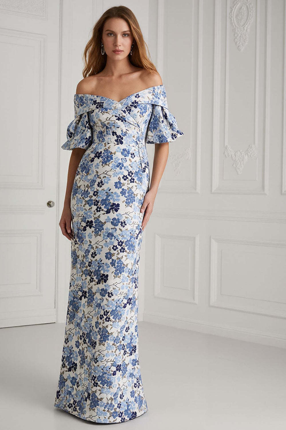 Leely Women Floral Blue Mermaid Maxi Mother of the Bride Dress Off the Shoulder Wedding Guest Dress
