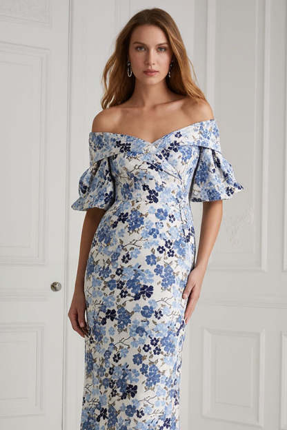 Floral Blue Mermaid Off the Shoulder Maxi Mother of the Bride Dress
