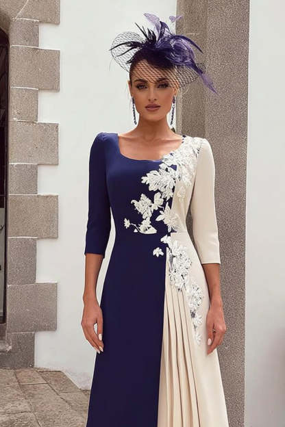 Navy and Ivory Scoop Neck Midi Patchwork Mother of the Bride Dress with Appliques