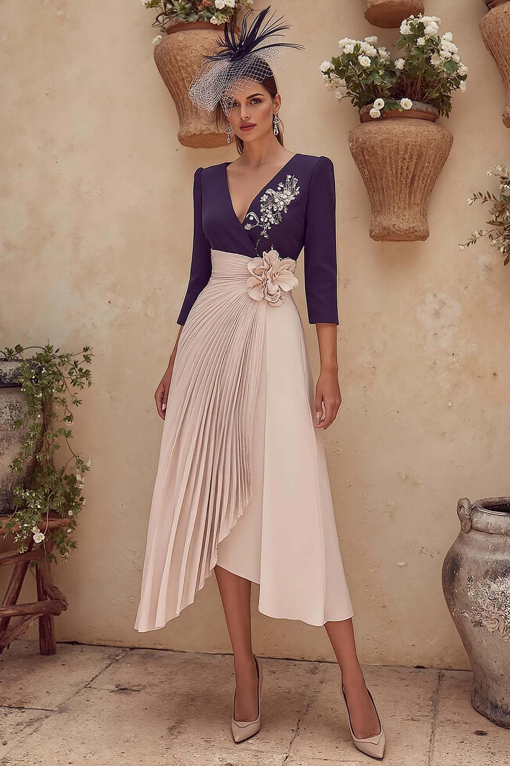 Leely Women Purple Midi Patchwork Mother of the Bride Dress with Appliques V-Neck 3/4 Sleeves Pleated Wedding Guest Dress with 3D Flowers