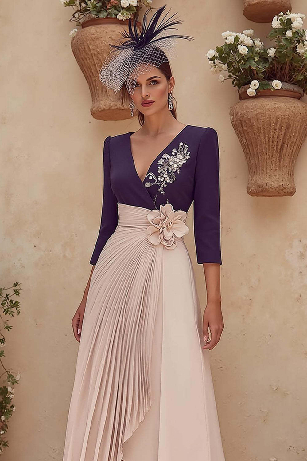Purple V-Neck Pleated Midi Patchwork Mother of the Bride Dress with Sleeves