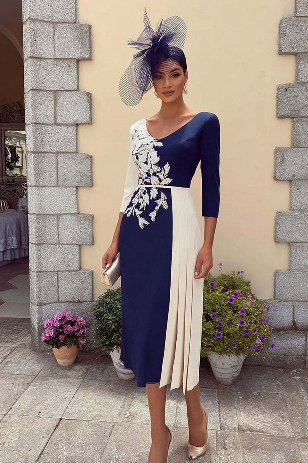 Leely Women Navy Midi Mother of the Bride Dress with Appliques V-Neck Bodycon Pleated 3/4 Sleeves Wedding Guest Dress