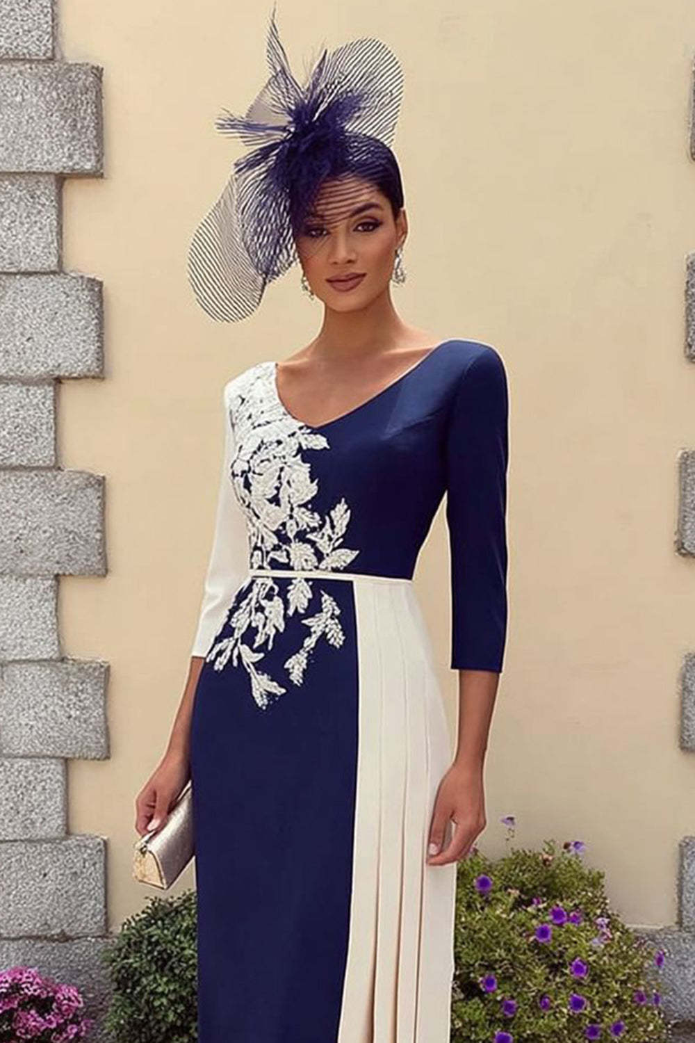 Navy 3/4 Sleeves Bodycon Appliqued Midi Mother of the Bride Dress