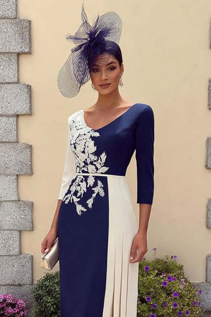 Navy 3/4 Sleeves Bodycon Appliqued Midi Mother of the Bride Dress