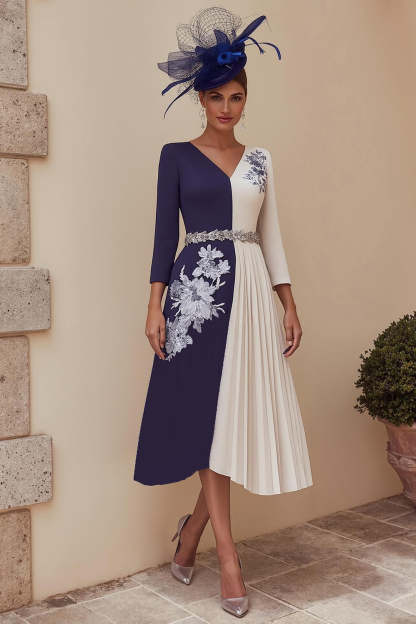 Leely Women Navy Midi Mother of the Bride Dress with Appliques Pleated V-Neck 3/4 Sleeves A-Line Wedding Guest Dress