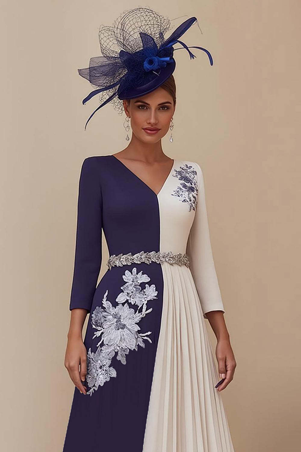 Navy A Line V-Neck Pleated Midi Patchwork Mother of the Bride Dress with Appliques